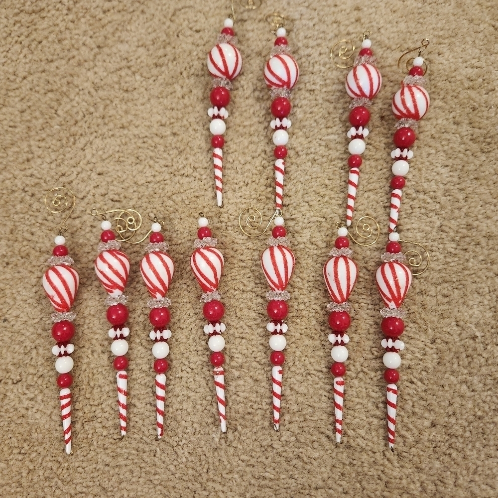 Vtg Candy Cane 6.5" Red White Beaded Ornaments Lot Of 11